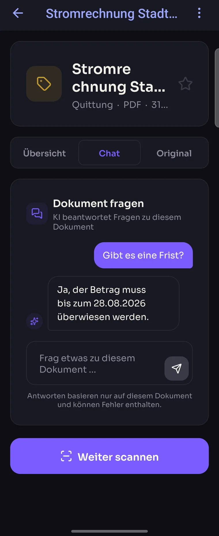 Docriva beantwortet eine Frage zu einer Stromrechnung: „Gibt es eine Frist?" – „Ja, der Betrag muss bis zum 28.08.2026 überwiesen werden."