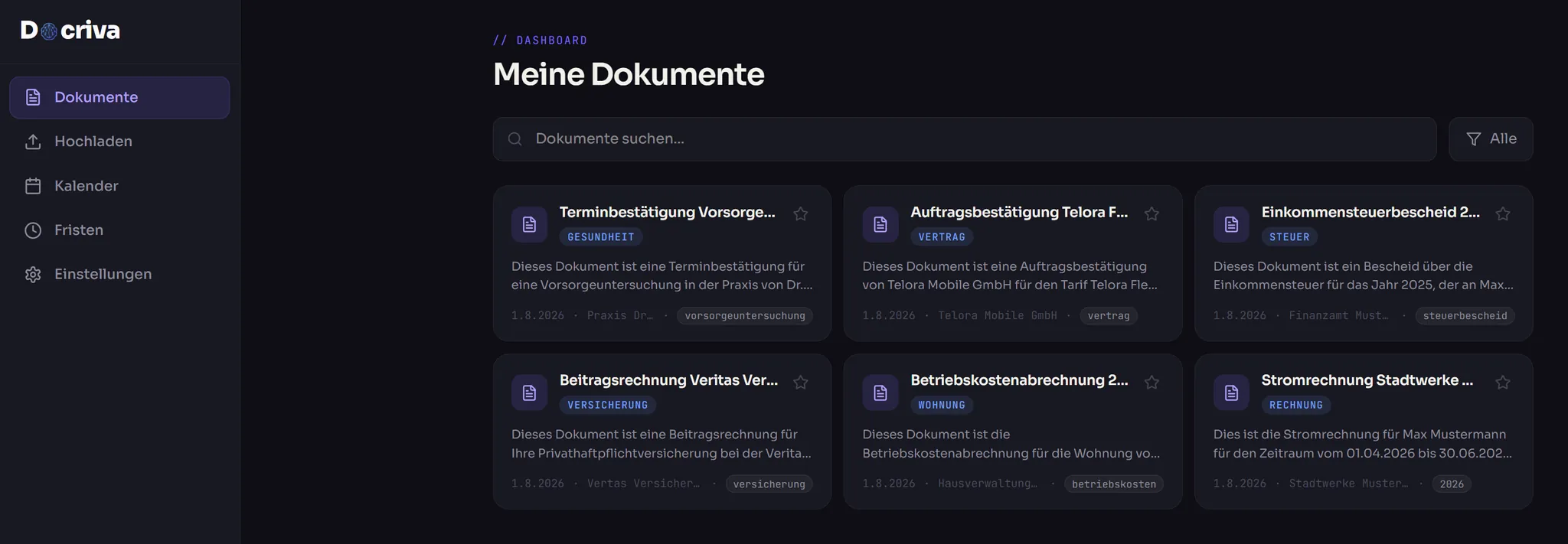 Docriva im Browser: Dokumentenübersicht mit erkannten Kategorien wie Gesundheit, Vertrag, Steuer, Versicherung, Wohnung und Rechnung.