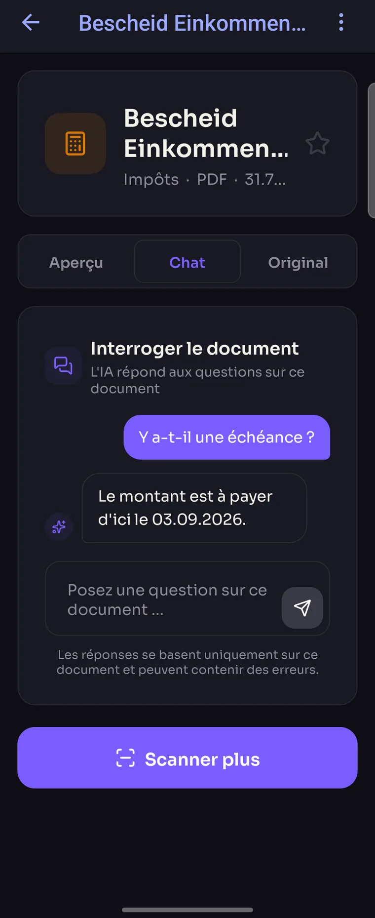 Docriva répond à une question sur une facture d'électricité : « Y a-t-il une échéance ? » – « Oui, le montant doit être payé avant le 28/08/2026. »