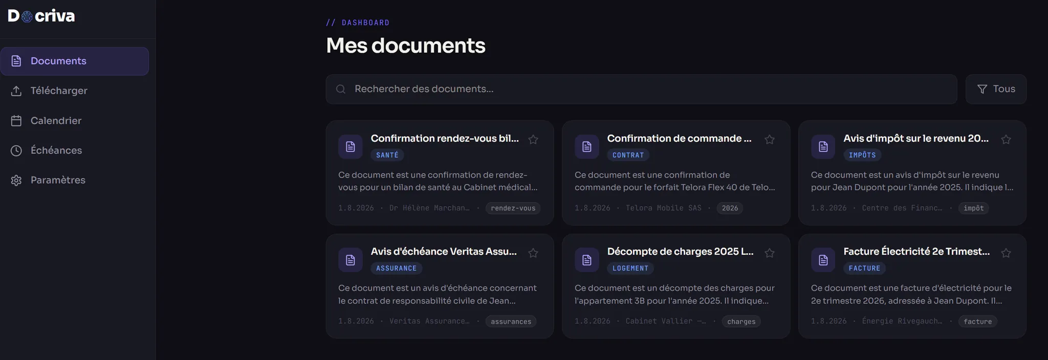 Docriva dans le navigateur : aperçu des documents avec les catégories détectées — santé, contrat, impôts, assurance, logement, facture.