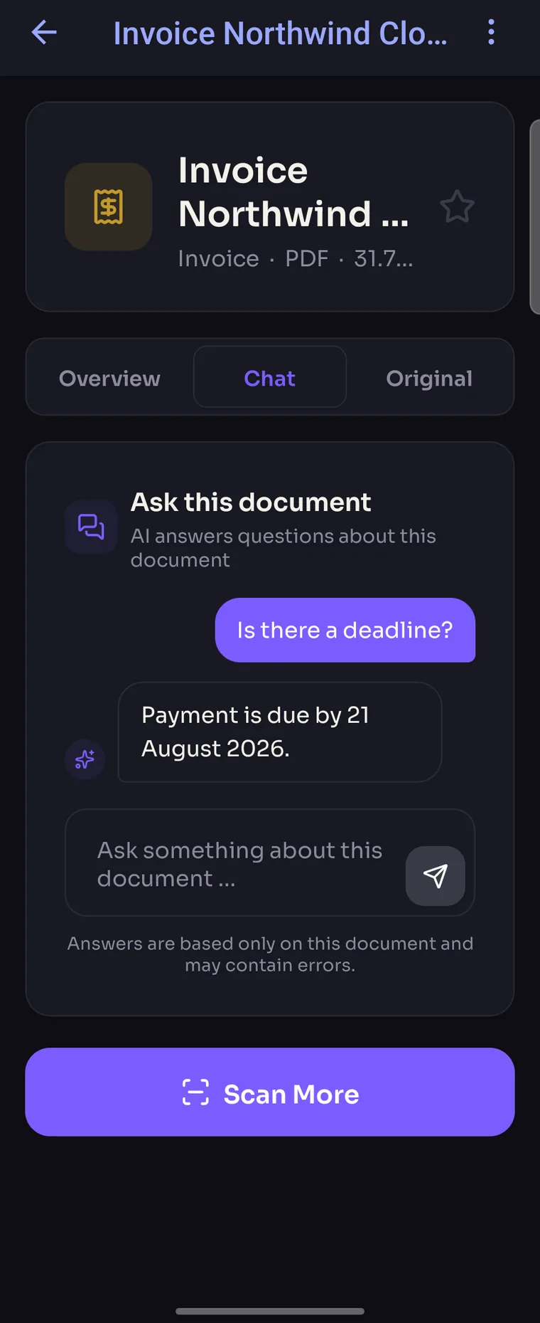 Docriva answering a question about an electricity bill: "Is there a deadline?" – "Yes, the amount is due by 28 August 2026."