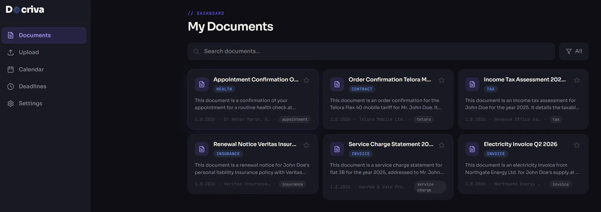 Docriva in the browser: document overview with detected categories such as health, contract, tax, insurance, housing and invoice.
