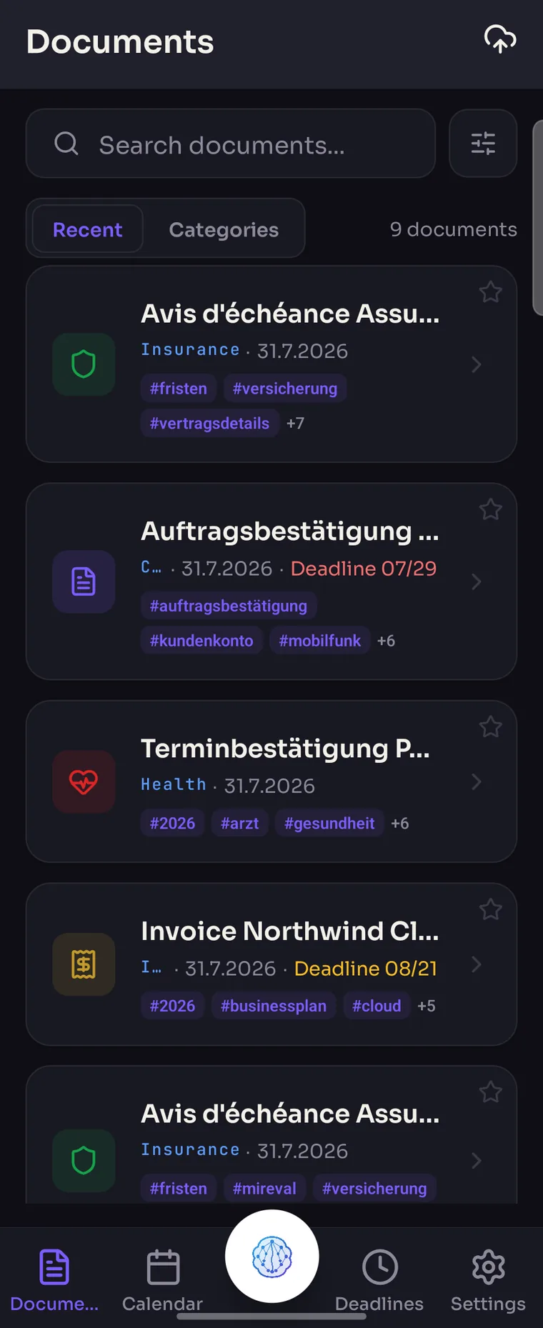Document library in Docriva showing categories, tags and colour-coded deadlines